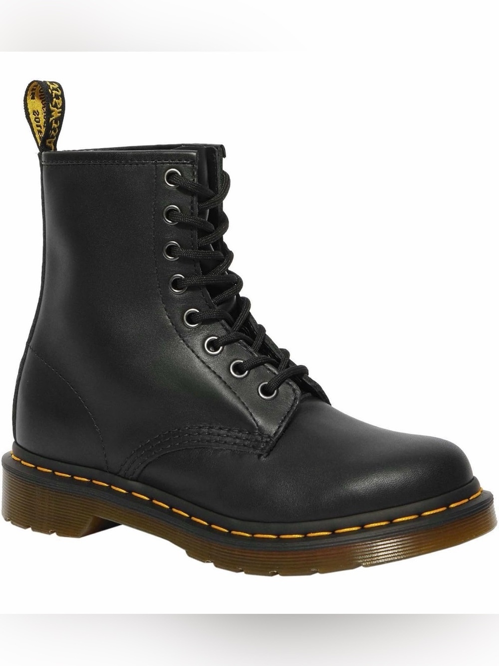 Dr. Martens 1460W Black Leather Lace-Up Boot with Yellow Stitching
